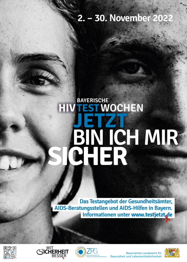 Eine Frau und ein Mann blicken frontal in die Kamera - das Poster zu den bayerischen HIV-Testwochen 2022
