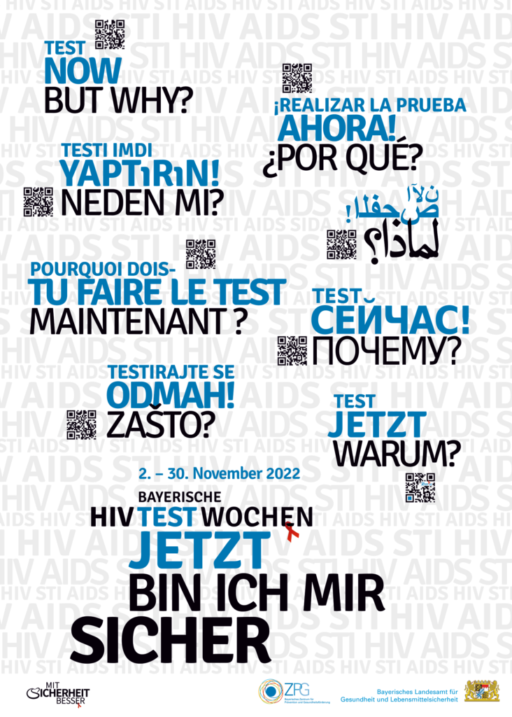 HIV-Test jetzt warum? Das mehrsprachige Posterzu den bayerischen HIV-Testwochen 2022