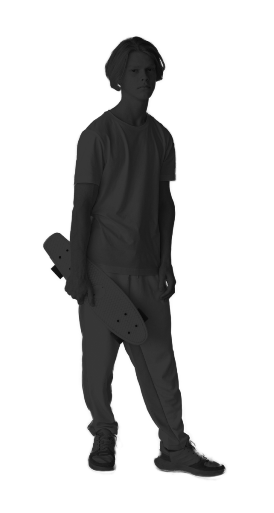 Scherenschnitt eines jungen Mannes mit Skateboard in der Hand