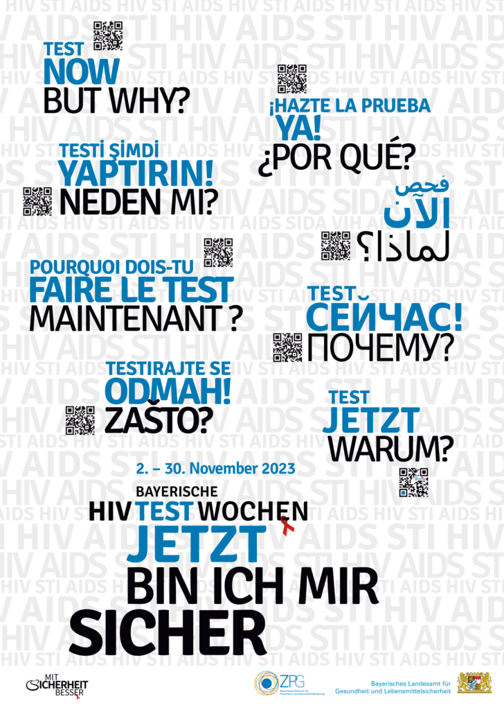 HIV-Test jetzt warum? Das mehrsprachige Posterzu den bayerischen HIV-Testwochen 2023