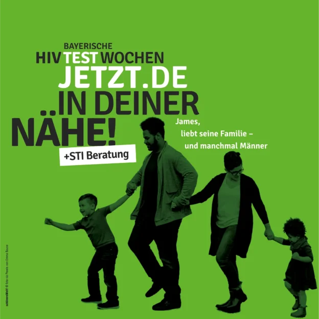 HIV-Testwochen Motiv James mit Frau und beiden Kindern an der Hand. Er liebt seine Familie - und manchmal Männer.