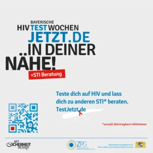Die Înfo-Seite der Bayerischen HIV-Testwochen: Positiv oder negativ, für Dich & Deine Partner. Gegen Unsicherheit. Gegen AIDS. Informationen unter QR-Code auf testjetzt.de